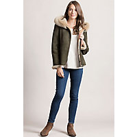 Bristol Hooded Shearling Sheepskin Jacket with Toscana Trim, CHIVE