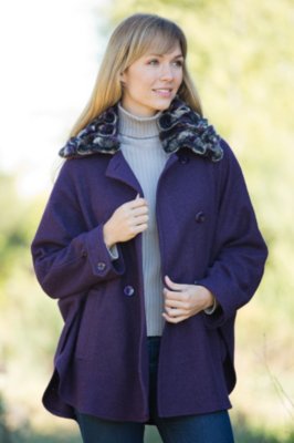 Women's Mamie Boiled Wool Cape with Rabbit Fur Collar
