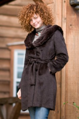 Women's Belted Alpaca Coat with Rabbit Hood
