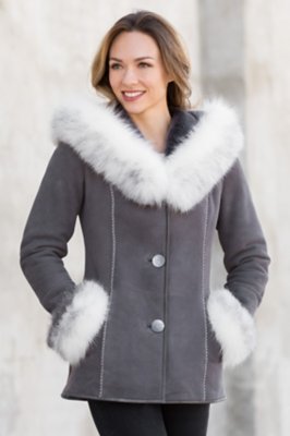 Irma Shearling Sheepskin Jacket with Fox Fur Trim, ANTHRACITE/MARBLE