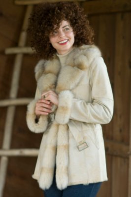 Women's Double Faced Rabbit Jacket with Fox Collar