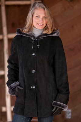 Women's Button Front Hooded Shearling Jacket