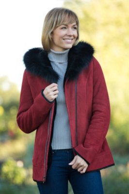 Women's Janette Shearling Sheepskin Coat with Fox Fur Trim