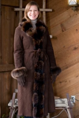 Women's Full Length Shearling Coat with Fox Trim