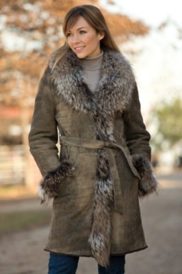 Women's Suellen Shearling Sheepskin Coat with Raccoon Fur Trim