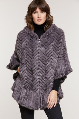 Women's Bettina Herringbone Knit Mink Fur Zip Poncho  