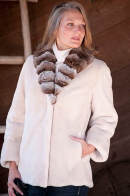 Women's Mirabelle Sheared Beaver Fur Coat with Chinchilla Fur Collar