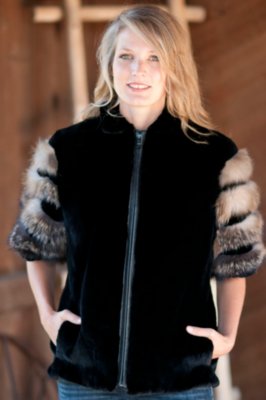 Women's Samantha Sheared Beaver Fur Vest with Fox Fur Trim
