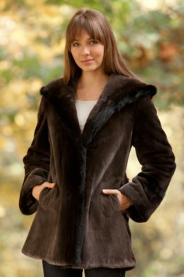 Women's Tatiana Sheared Beaver Fur Coat with Mink Fur Trim