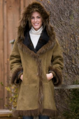 Women's Hooded Shearling Aurora Coat with Finn Tux