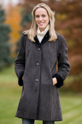 Women's Button Front Shearling Coat with Leather Accents