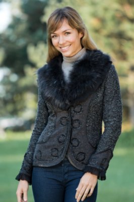 Women's Darlene Sweater Jacket with Raccoon Fur Trim 