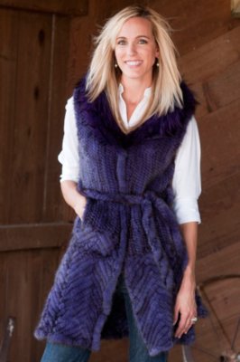 Women's Knitted Mink Fur Vest with Raccoon Fur Trim 