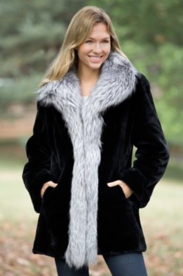 Women's Providence Sheared Beaver Fur Coat with Fox Fur Trim - 