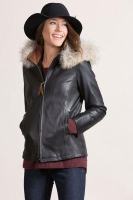 Women's Marie Claire Lambskin Leather Jacket with Coyote Fur Trim
