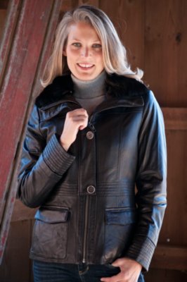 Women's Hailey Lambskin Leather Jacket with Rabbit Fur Collar