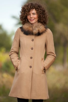 Women's Blythe Cashmere-Blend Coat with Raccoon Fur Trim, CAMEL, Size LARGE (10)
