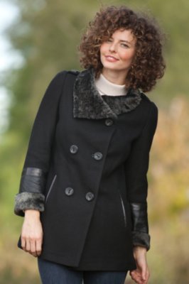 Women’s Alexis Wool-Blend Pea Coat with Sheepskin Trim