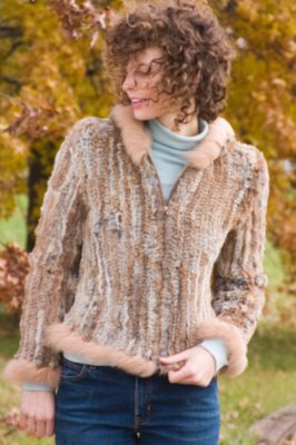 Women's 22" Zip Hooded Knit Sheared Rabbit Jacket