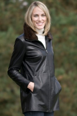 Women's Leather Jacket with Mink Collar
