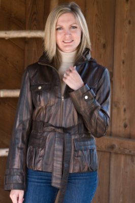 Women's Belted Leather Jacket with Hood