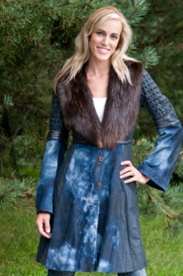 Women's Wooliea Leather Coat with Beaver Collar