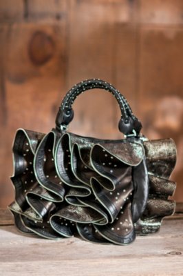 Cubana Zippered Flounce Leather Handbag with Crystals 