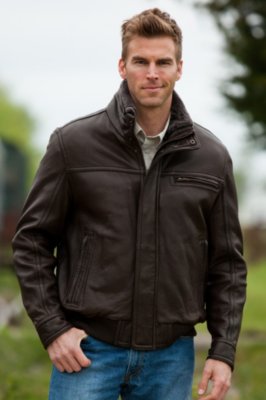 Men's Andrew Marc Nucky Lambskin Leather Bomber Jacket with Sheepskin Collar