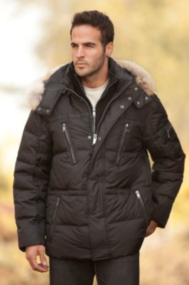 Men’s Andrew Marc Hudson Down Coat with Coyote Fur Trim