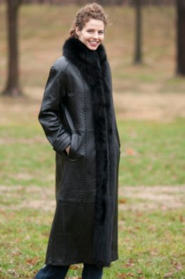 Women's Francie Full-Length Leather Coat with Fox Fur Trim