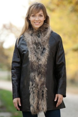 Women's Blaine Lambskin Leather Coat with Raccoon Fur Trim