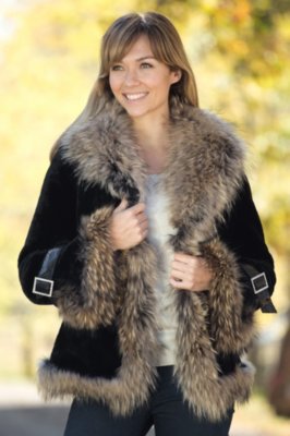 Women's Athena Mouton Sheepskin Coat with Raccoon Fur Trim
