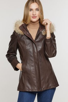 Women's Dana Hooded Lambskin Leather Coat with Toscana Trim