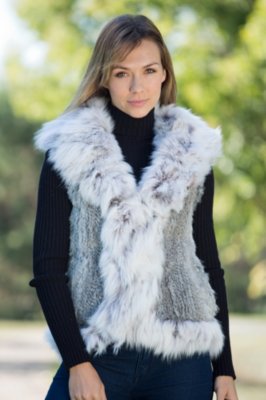 Women's Monique Knitted Rabbit Fur Vest with Fox Fur Trim