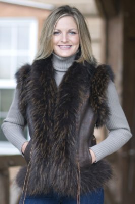 Women's Antiqued Leather Vest with Raccoon Trim