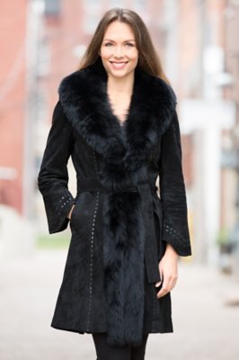 Women's Felicity Suede Coat with Fox Fur Trim 