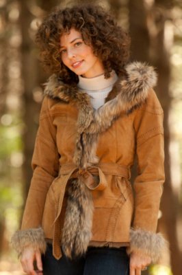 Women's Ginger Double-Faced Goat Fur Jacket with Raccoon Fur Trim