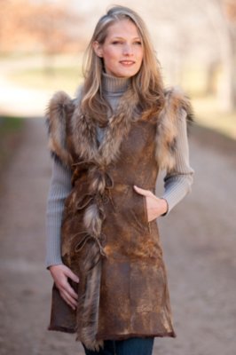Women’s Cinnabar Double-Faced Rabbit Fur Vest with Raccoon Fur Trim