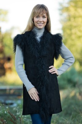 Women's Cloozy Long Suede Vest with Lamb Fur Trim    