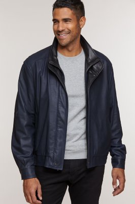 Landon Lambskin Leather Bomber Jacket, NAVY/NOIR