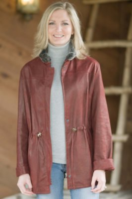 Women's Leather Anorak with Shearling Collar