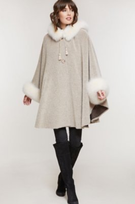 Women's Skye Hooded Alpaca Wool Cape with Fox Fur Trim