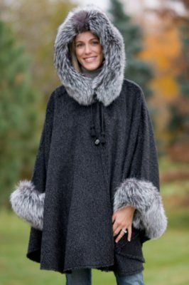 Women's Raven Hooded Alpaca Wool Cape with Fox Fur Trim