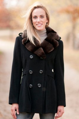 Women's Lauryn Wool Pea Coat with Rabbit Fur Trim