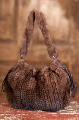 Women’s Knitted Mink Fur Purse with Leather Fringe