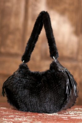 Women's Knitted Mink Fur Purse with Leather Fringe, BLACK, Size 1 Size