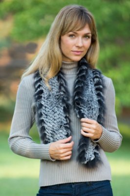 Women's Knitted Rabbit Fur Scarf with Raccoon Fur Trim