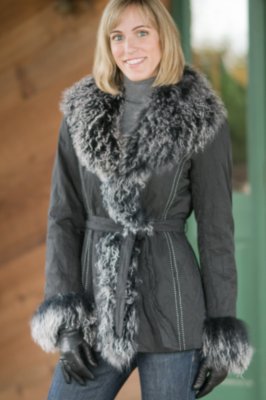 Women's Metallic Belted Coat with Tibetan Lamb Trim