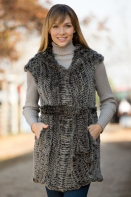 Women's Angie Knitted Rabbit Fur Vest with Hood 