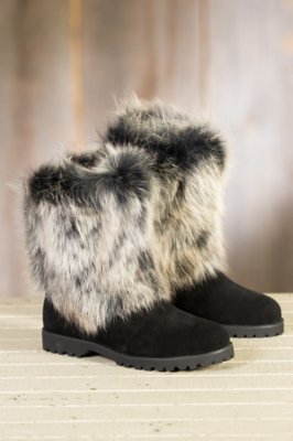 Women's Overland Neve Shearling Sheepskin Boots with Fox Fur Trim, BLACK/INDIGO